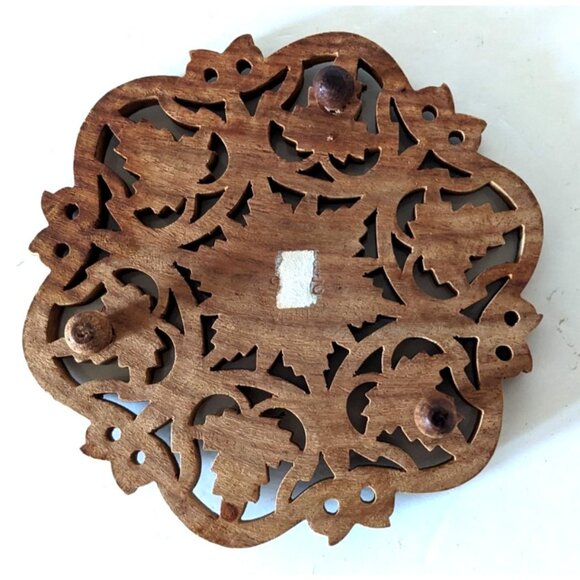 Vintage Rosewood Trivet Stand W. Ball Feet Ornate Carved Flowers And Leaves 7 In - Picture 3 of 6